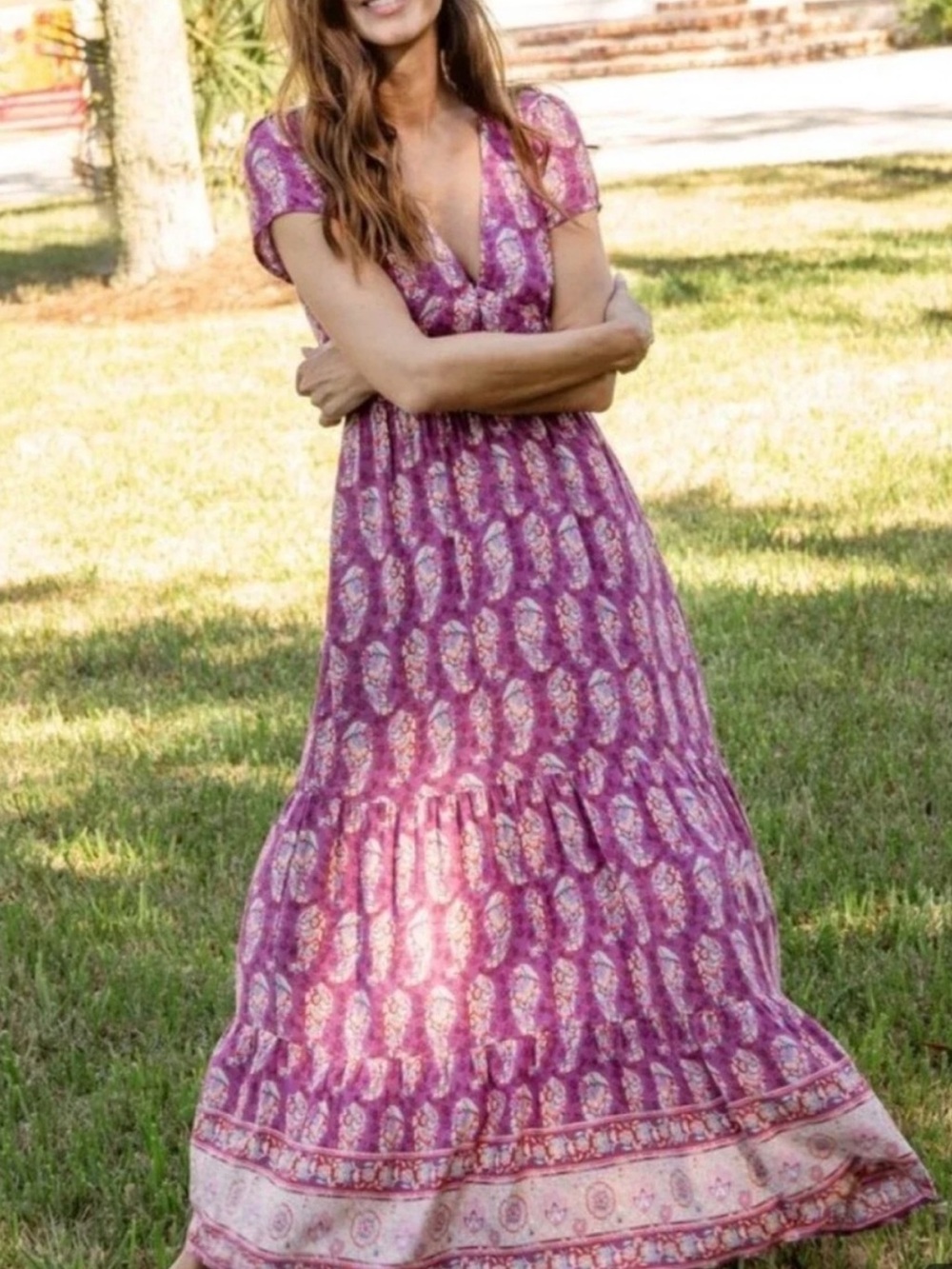 NATURAL LIFE Purple Paisley Tiered Maxi Dress Size Large